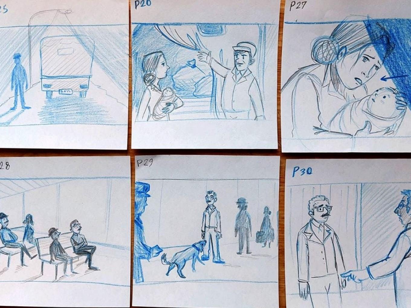 So-called thumb nails as small-format sketches for the motion comic "Border Crossings", drawn by Azam Aghalouy and Hassan Tavakoli.